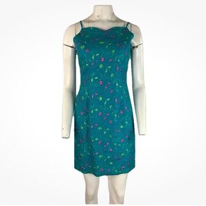 Vintage Y2K Althuser Sz 6 Canvas Floral Embroidered Slip Dress Aqua Green